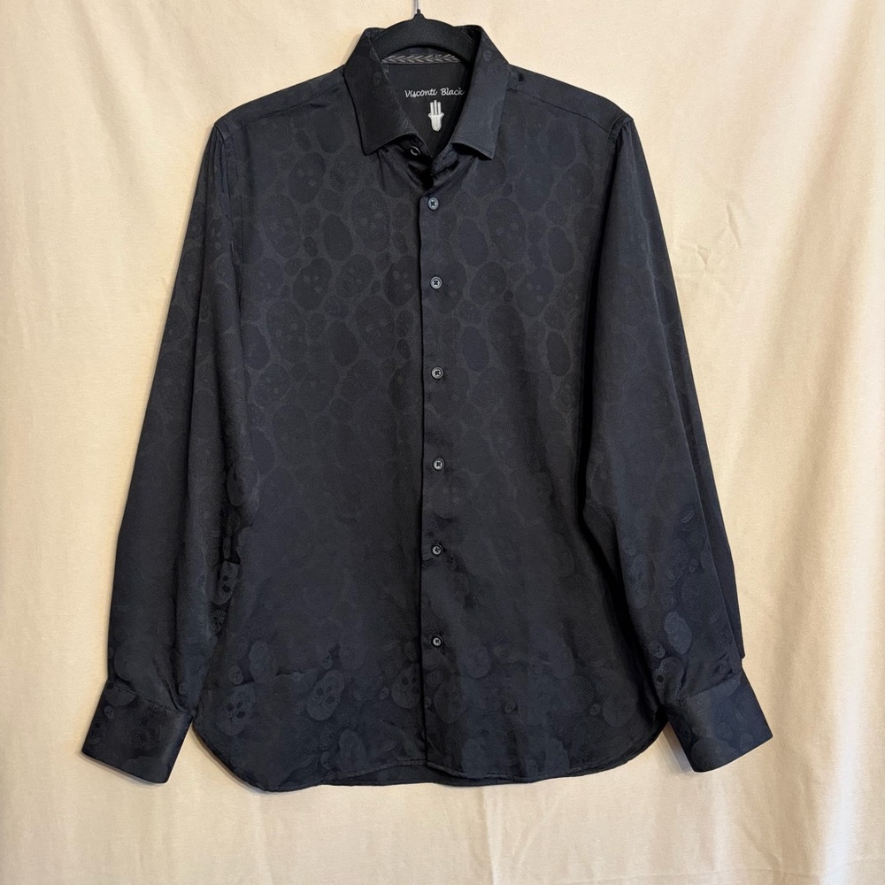 Luchiano Visconti Men’s S Black-on-Black Jacquard Skulls Button-Down Dress Shirt